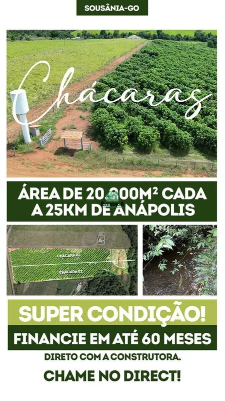 - Chácaras com área de 20.000m²- A 25km de Anápolis- Financiamento em até 60 mes...