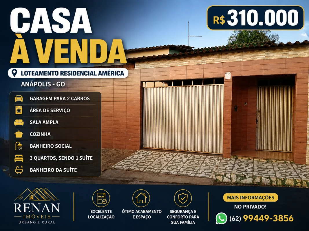 Loteamento Residencial América - Anápolis - GOvenda 300 MILCasa a venda Lote 180...