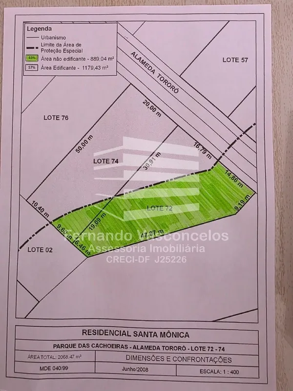 - Terreno com 2.068,47 m2 - sendo 1.179,00 m2 de área edificante e 889,04 m2 de ...