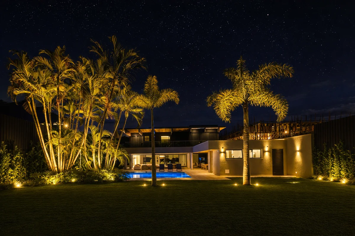 Vista noturna da piscina e fachada posterior