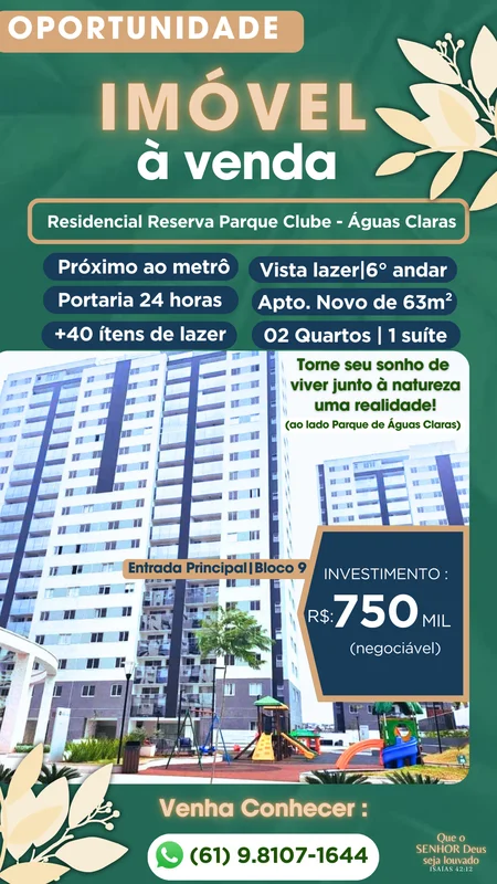 ***** RESID. RESERVA PARQUE CLUBE*****- Clube de Morar;- Águas Claras;- Natureza...