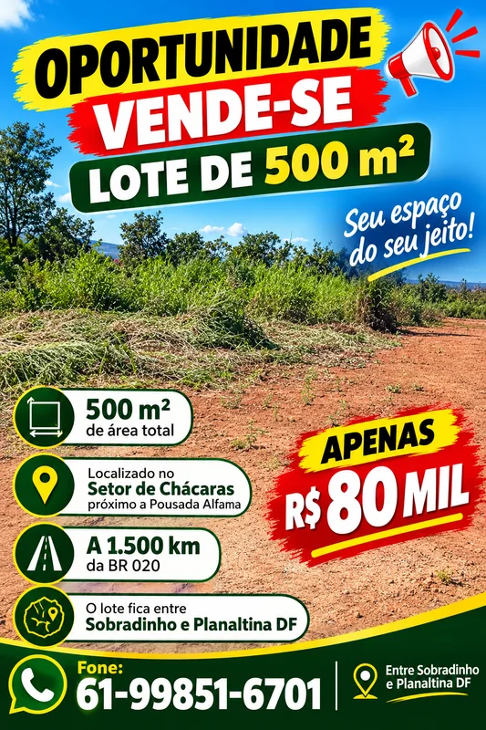 VENDO LOTE DE 500 m²Setor de Chácaras Córrego do Arrozal, próximo à Chácara Pond...