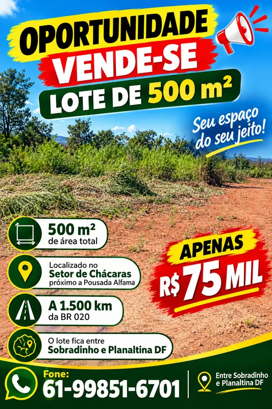 VENDO LOTE DE 500 m²Setor de Chácaras Córrego do Arrozal, próximo à Chácara Pond...