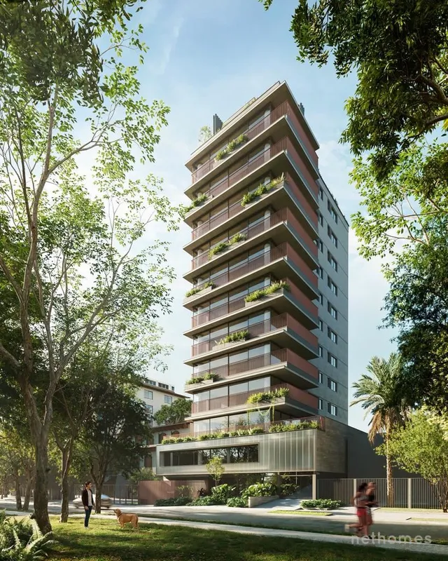 Edifício de alto padrão com um apartamento por andar situado em frente a uma pra...
