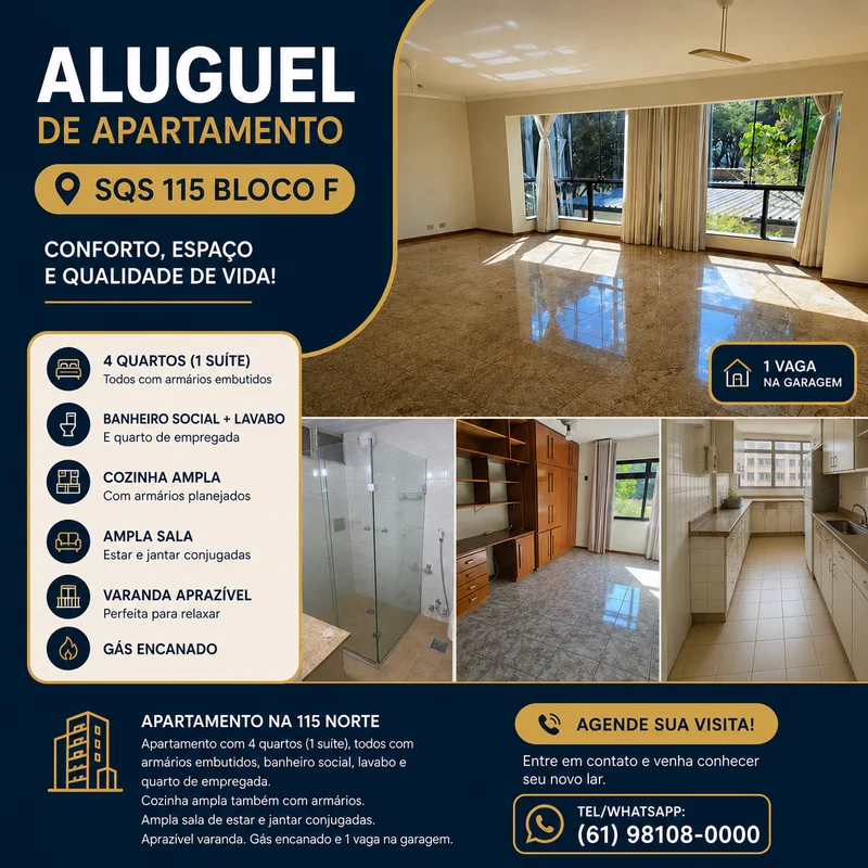 ALUGUEL DE APARTAMENTO NA SQN 115 BLOCO FApartamento de 167m2 na 115 Norte com 4...