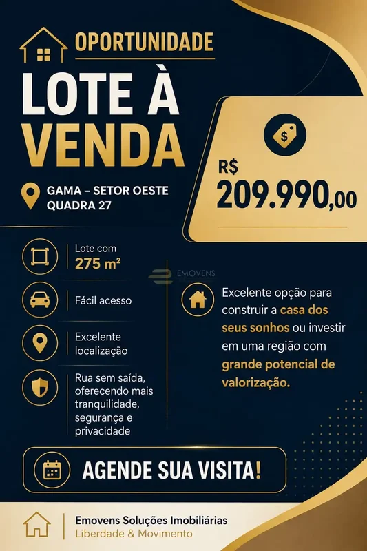  OPORTUNIDADE – LOTE À VENDA Gama – Setor Oeste – Quadra 27 Lote com 275 m² Fáci...