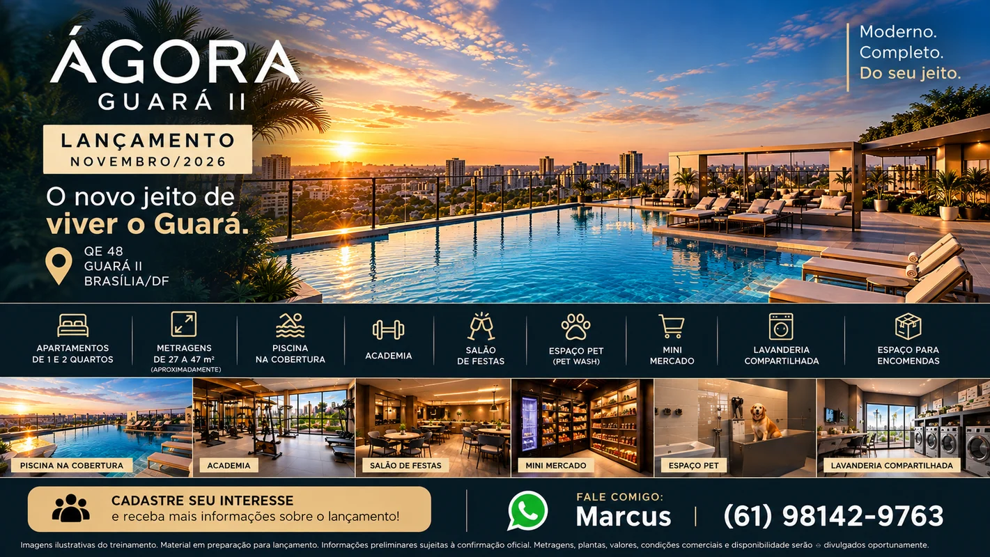 PRÉ-LANÇAMENTO ÁGORA GUARÁ II | APARTAMENTOS DE 1 E 2 QUARTOSCadastre-se para re...