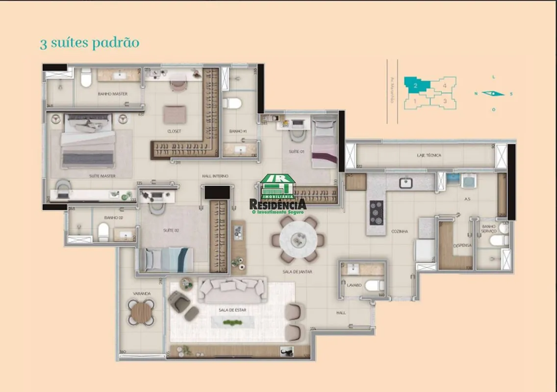 Apartamento contendo: -sala de estar/jantar-varanda-lavabo-3 suítes sendo a mast...